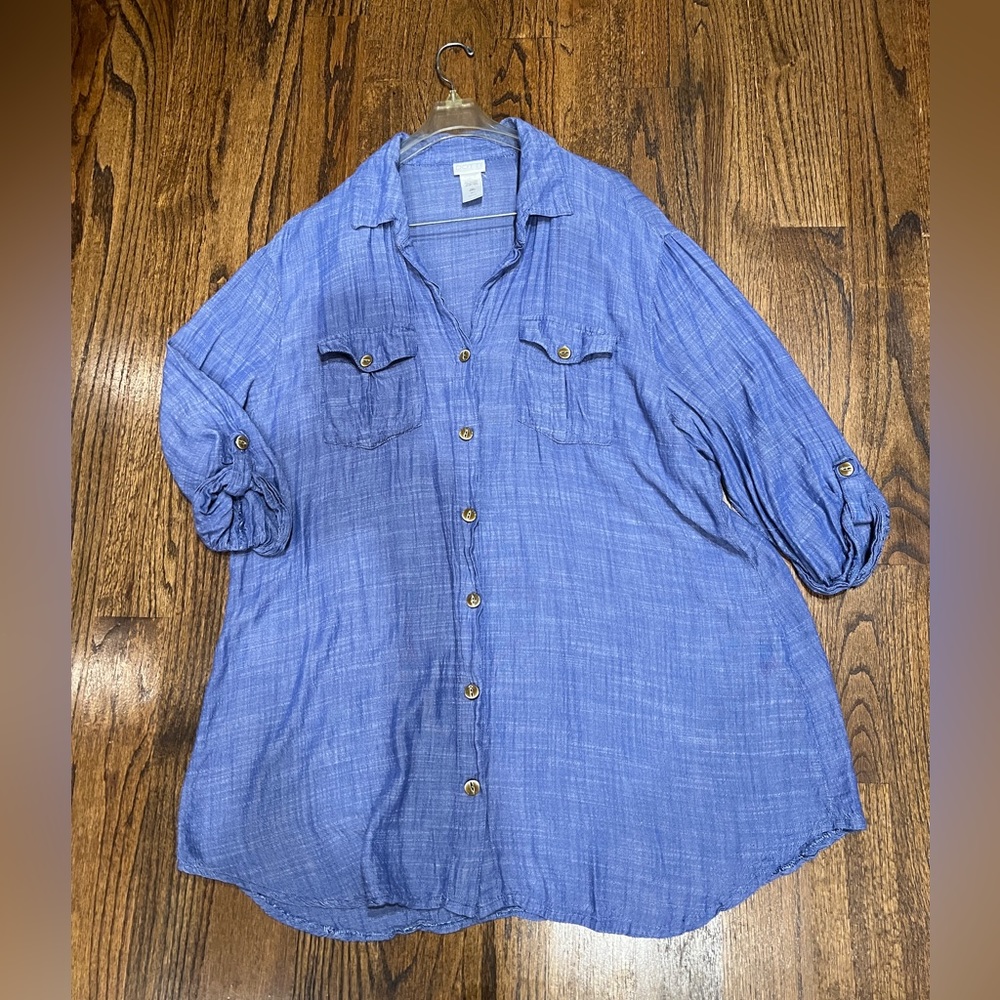 Dotti Blue Button Front Convertible Sleeve Top Sz 1x